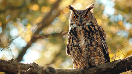 Obraz premium An owl with bright orange eyes perches on a tree branch. The background is a blur of warm colors and light.