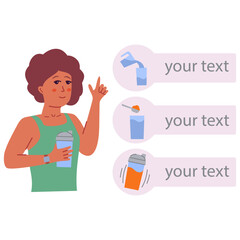 Sports nutrition.Bodybuilding sports nutrition. Energy drinks.Instruction for making protein whey shake.A hand shaking.Sport shaker. How to make protein. Active fit young woman. African American girl 