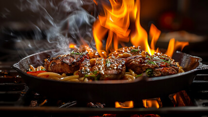 Gourmet grilled meat on plate glowing with heat, AI Generative