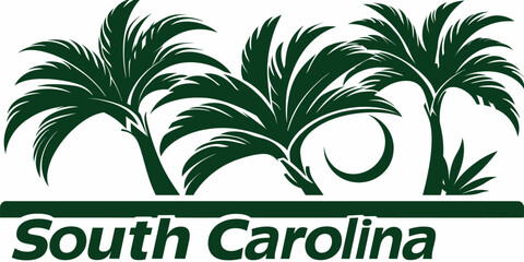 South Carolina logo with stylized palm trees and crescent moon in dark green on a white background, ideal for state pride and coastal-themed designs