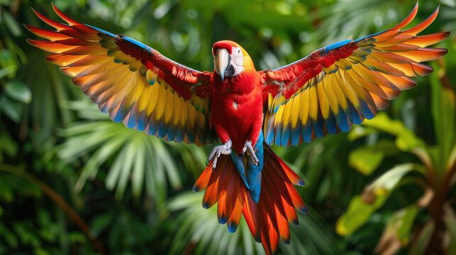 A bright red parrot with blue and yellow wings is flying with spread wings in front of green leaves.