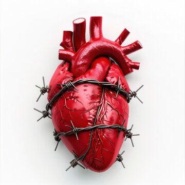 Red Anatomical Heart Wrapped in Barbed Wire. Generative ai