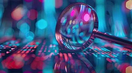 computer board seo magnifying glass. Selective focus