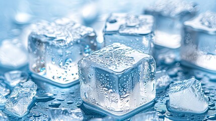 Obraz premium transparent ice cubes on a blue background, decorated with thin cracks and air bubbles inside. Concept: cooling drinks