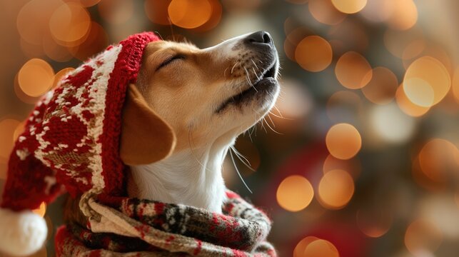 A dog singing christmas carol with head up and eyes closed wearing red and white decorated knitted hat against festive bokeh background