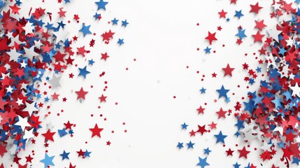  Red, White, and Blue Stars Confetti Border on Transparent Background with Center Copy Space for USA National Holiday Celebration