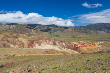 Fantastic mountain natural landscape with bright color transitions and blue clear sky in place named Mars 2, Altai Republic, Russia. Unearthly Martian landscapes