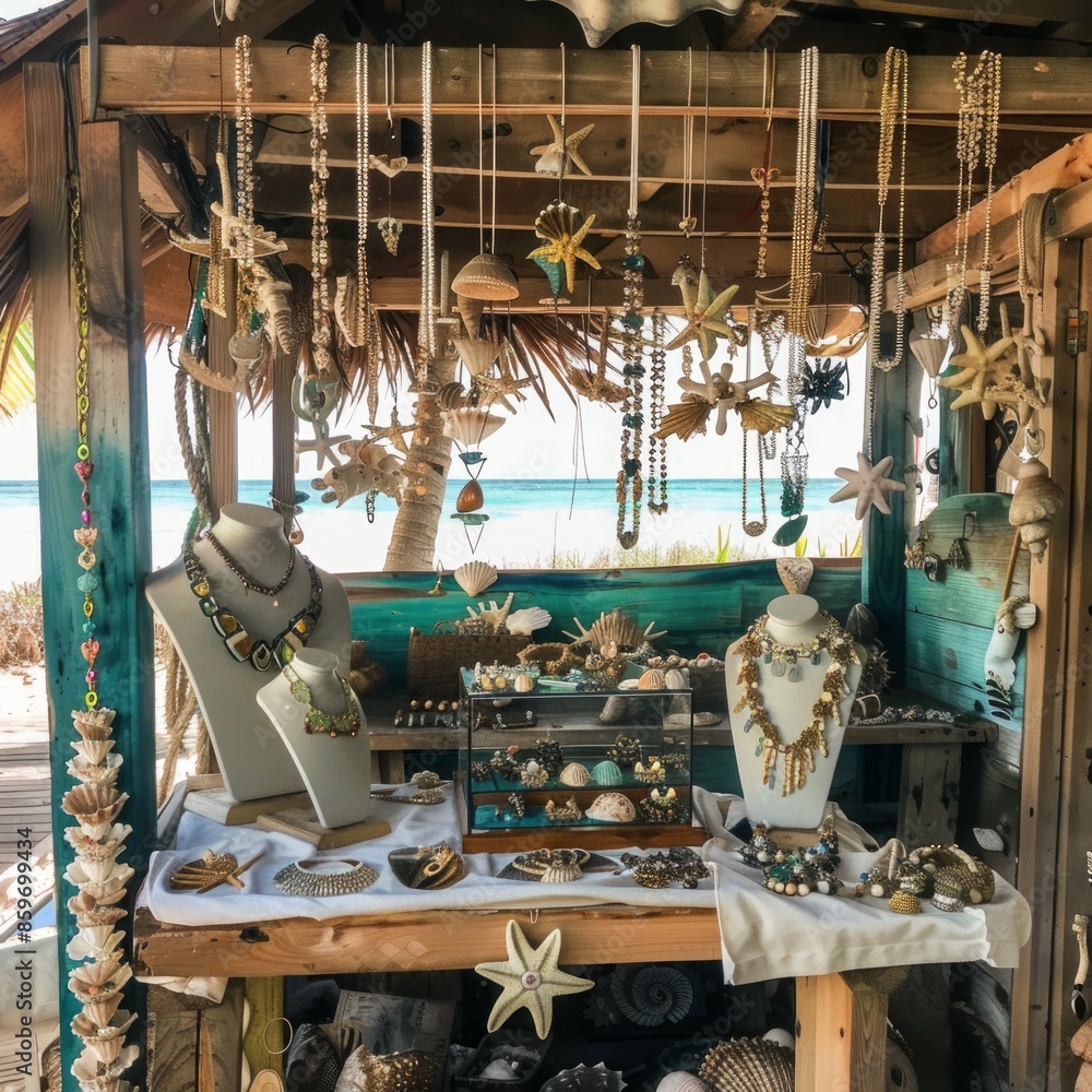 Poster A beachside shop with a blue and white color scheme