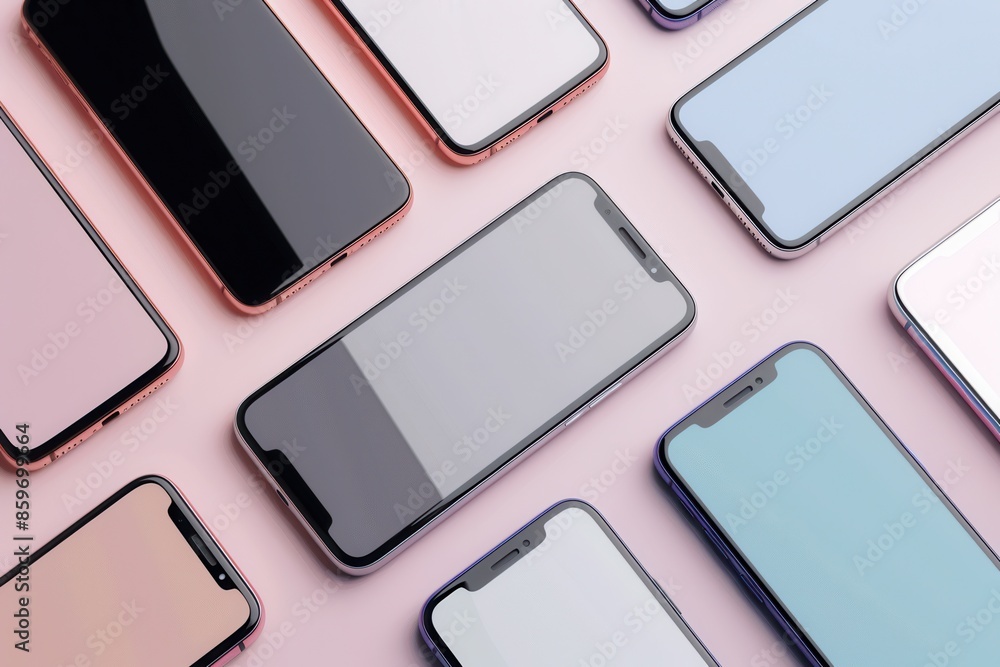 Aufkleber An assortment of modern smartphones arranged at various angles on a pink background. Generative AI