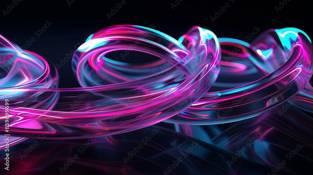 Poster digital rendering of bright neon swirls that twist and turn against a dark background, reminiscent o