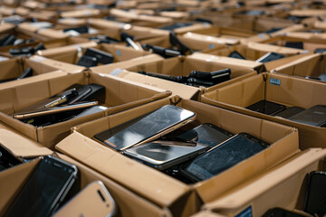 Fototapeta premium A stack of boxes with many used smartphones inside. The boxes are stacked on top of each other