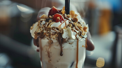 Naklejka premium A close-up shot of a milkshake being served, highlighting the creamy shake and toppings