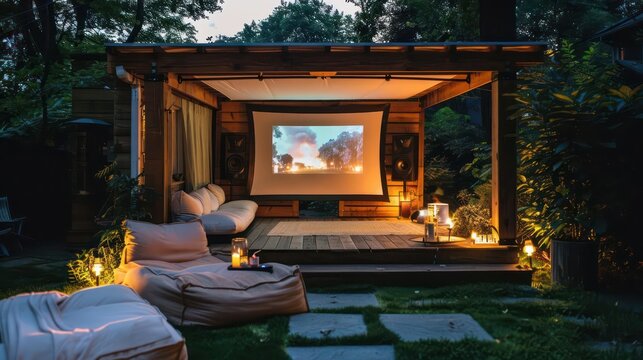 Minimalist outdoor movie setup with a hightech portable projector and wireless audio system