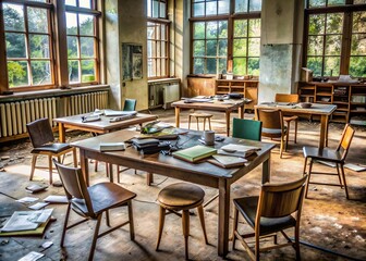 Fototapeta premium Desolate, Forgotten Classroom With Broken Furniture And Papers Strewn Everywhere