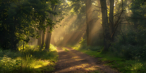 Obraz premium A forest path with sun rays filtering through trees.