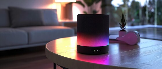 Minimalist smart speaker with voiceactivated controls and holographic display for music visualization