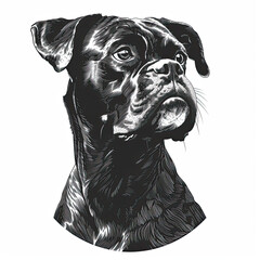 A black and white drawing of a Boxer dog