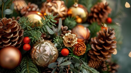 Festive decorations made of fir cones and ornaments