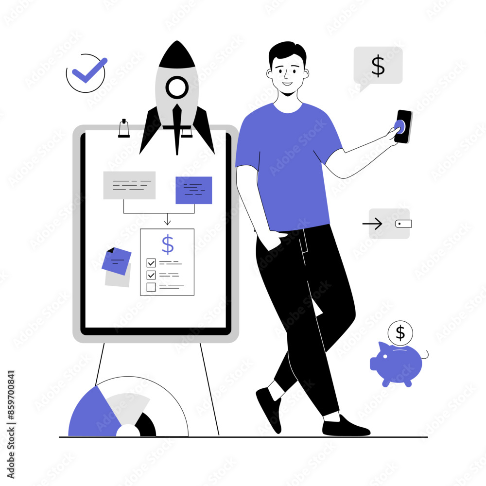 Poster startup business concept. man creating business plan, develops idea, creates new successful project 