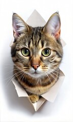 Cute Cat with its head coming out of a paper tear isolated on a white background 