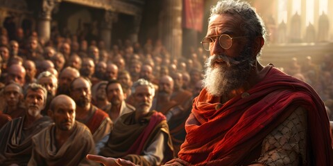 Obraz premium An ancient philosopher delivers a compelling speech to an engaged audience in a historical setting