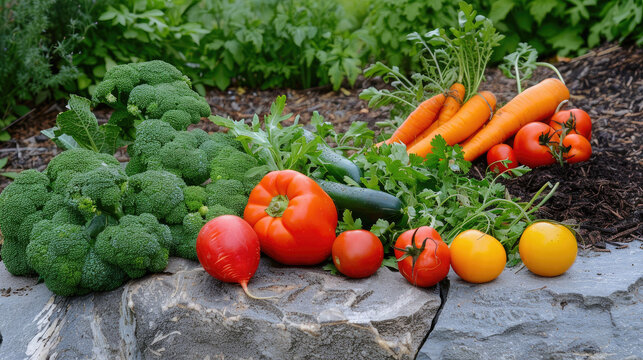 Fresh vegetables on a stone slab include broccoli, tomatoes, carrots, zucchini, radish, and bright yellow tomatoes, with green plants in the background.