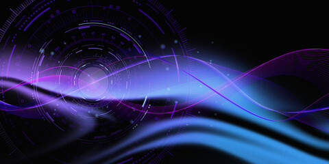 Artificial intelligence, big data, digital technology. Abstract background with holographic waves and circular patterns for technological developments and innovative data visualization projects