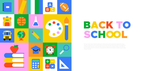 Colorful back to school geometric mosaic web banner. Modern flat education cartoon icon background, fun study concept illustration. Children stationery template, college subject symbol design.