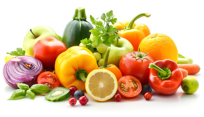 Healthy food clean eating selection: fruit, vegetable, seeds, superfood, cereal, leaf vegetable on white background