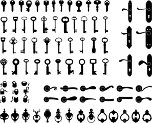 PNG Black silhouettes of door handle, knocker, latch, keys and padlocks