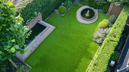 Overhead shot of a suburban backyard garden featuring an artificial grass lawn, a small pond with a fountain, and bordered by low hedges and flowering plants, ideal for relaxation and entertainment.