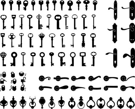 PNG Black silhouettes of door handle, knocker, latch, keys and padlocks