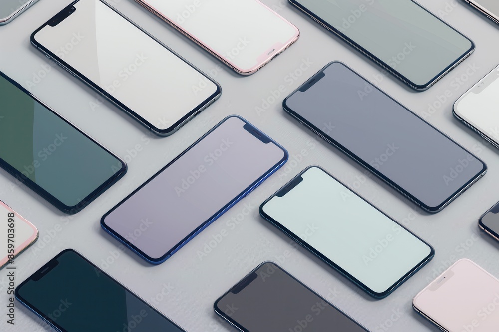 Poster a collection of modern smartphones arranged on a gray surface. perfect for showcasing mobile technol