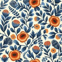 Detailed close up of peach and leaf pattern on white background with oranges and green foliage