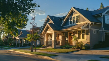 Soft dawn light reflecting off a Craftsman style house in a quiet suburban neighborhood, the streets empty, enhancing the peaceful morning scene.