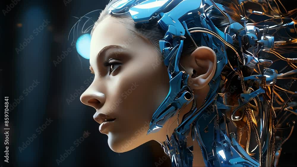 Poster connection of human woman and artificial intelligence robot. the concept of merging a person and a c