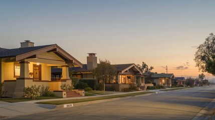 The soft early morning light gently illuminates a Craftsman style house in sandy beige, with the...