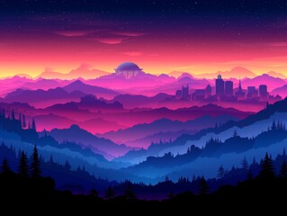 Stunning Digital Artwork of a Mountain Range at Dawn with a Pastel Sky and City Silhouette in the Distance