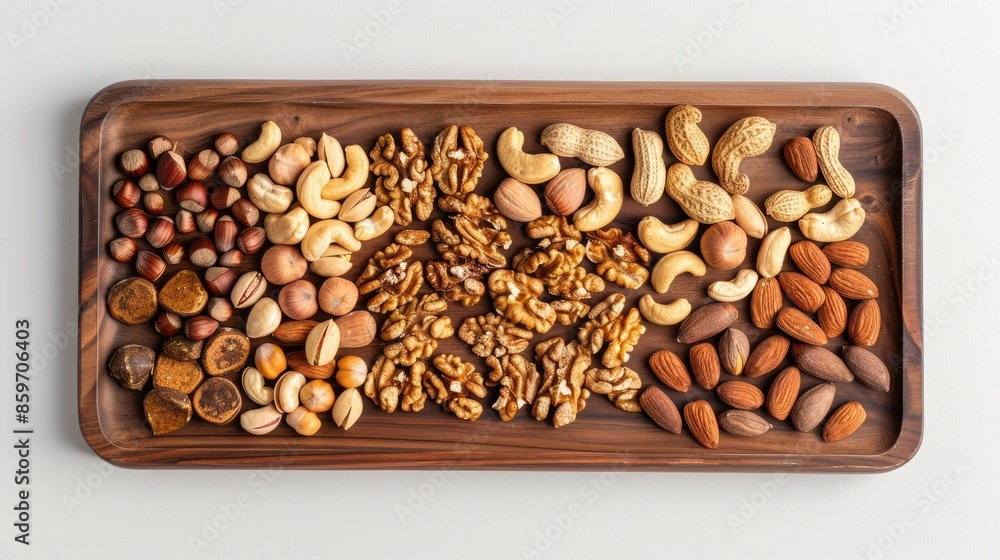 Poster assorted nuts on wooden tray from above on white background with space for text