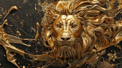 Lion 3D relief in golden splashes wallpaper. Golden lion head background mural. High quality AI generated image