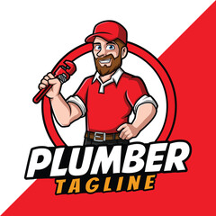 Plumber Service Cartoon Mascot holding Pipe wrench template design