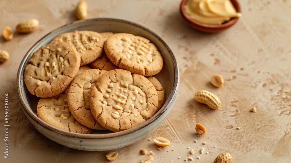 Wall mural delicious peanut cookies and butter in a bowl on a beige surface