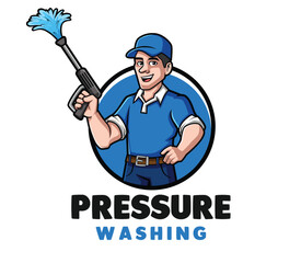 Pressure Washer Man Cartoon Mascot Logo Design for Your Company