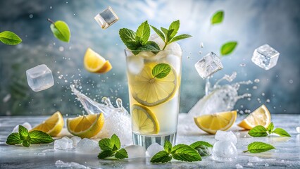 Fototapeta premium Refreshing Lemon Mint Cocktail with Ice, Mint Leaves, and Lemon Slices in a Highball Glass
