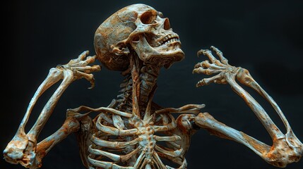 This image features a complete human skeleton in a dynamic, expressive stance with a black background, emphasizing the intricate structure and artistic representation of human anatomy.