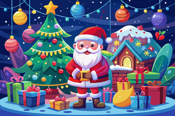 Santa Claus smiling with gifts next to a Christmas tree and holiday house background. Concept of festive season, winter celebrations, merry Christmas, holiday decorations Print, design.
