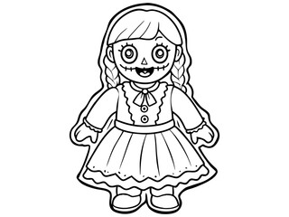 Black outline of a haunted doll with stitched smile and button eyes isolated on white background. Concept of spooky character, Halloween decoration, rag doll, creepy toy, and minimalist illustration.