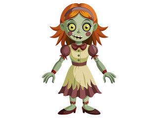 Cartoon scary haunted doll with big eyes in a dress isolated on a white background. Concept of spooky character, Halloween decoration, creepy toy. horror design. Print, icon, design element.