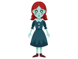 Cartoon scary haunted doll with big eyes in a dress isolated on a white background. Concept of spooky character, Halloween decoration, creepy toy. horror design. Print, icon, design element.