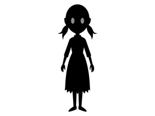 Black silhouette of a scary haunted doll in tattered dress. Concept of spooky character, Halloween decoration, creepy toy, and minimalist illustration. Print, icon, design element.